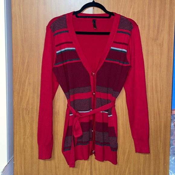 Yoki V Neck Button Down Self Tie Sweater - Red - Size L - Picture 2 of 10